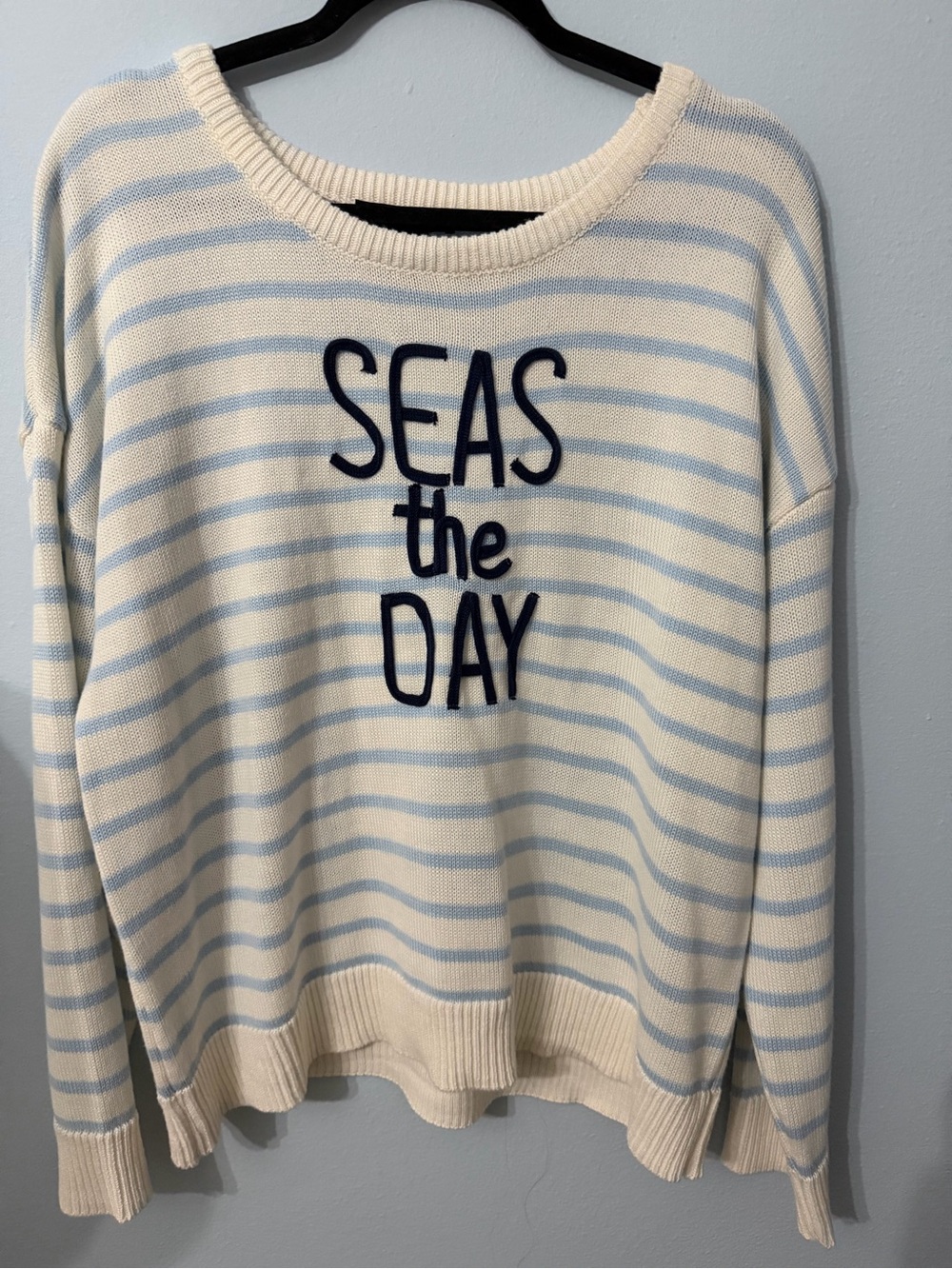 Preswick & Moore Cream and Light Blue Striped Crewneck Sweater